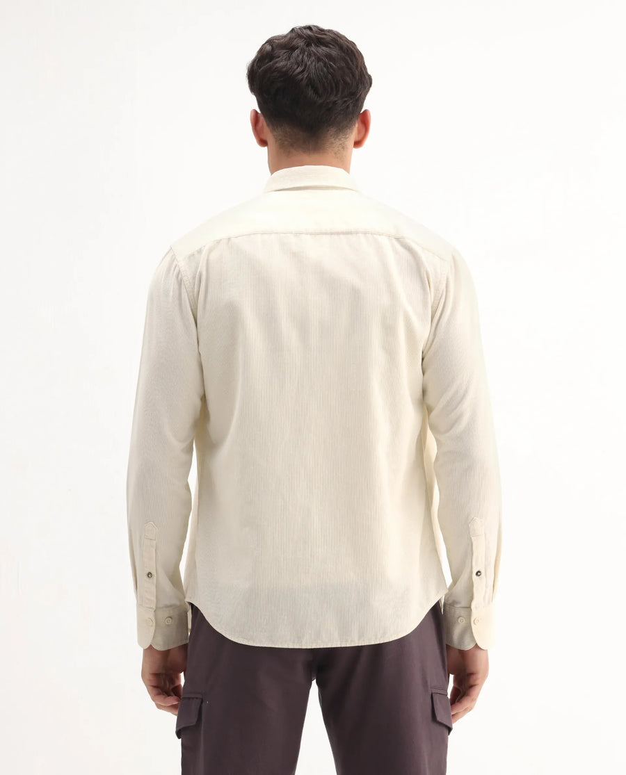 Rare Rabbit Men's Buita Off White Cotton Plain Regular Fit Full Sleeve Collared Shirt