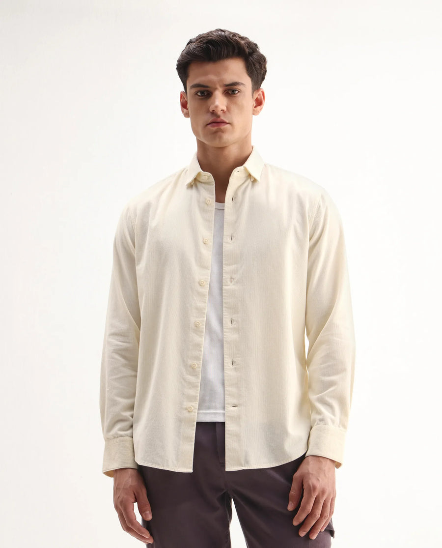 Rare Rabbit Men's Buita Off White Cotton Plain Regular Fit Full Sleeve Collared Shirt