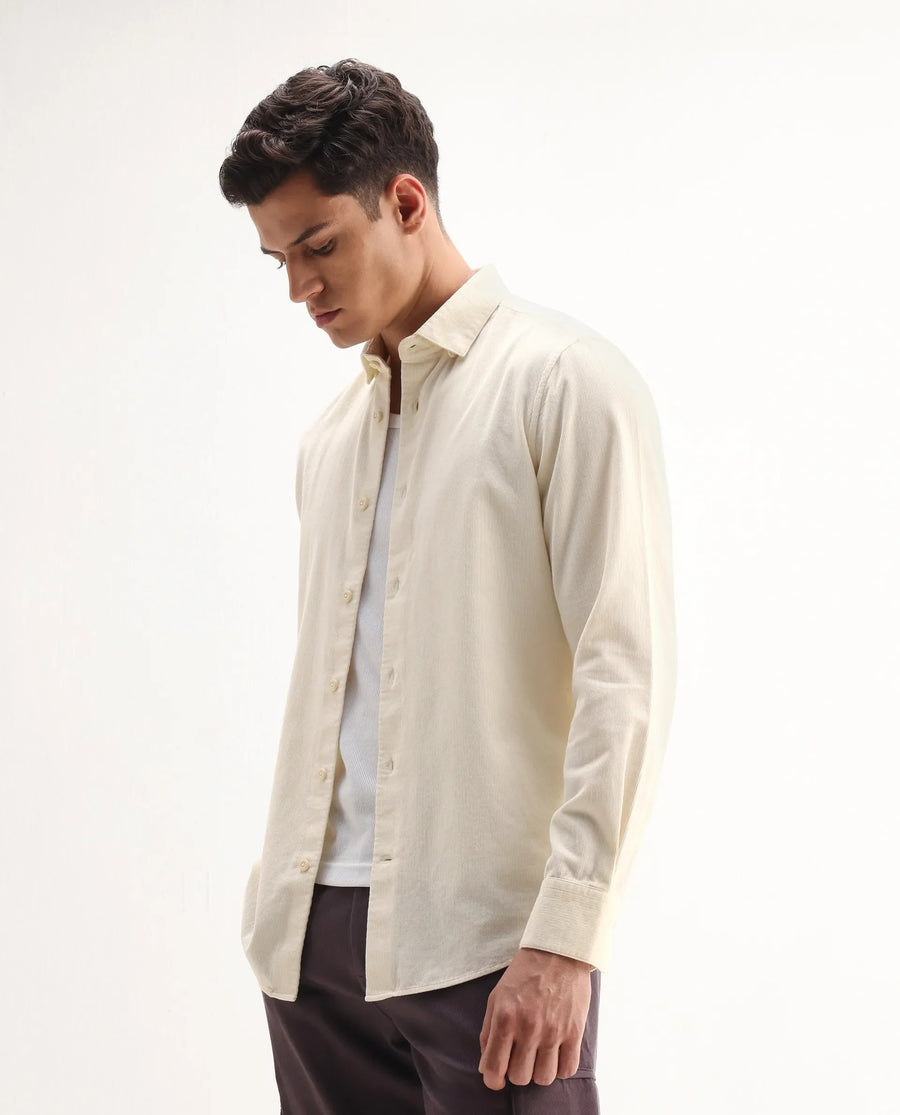 Rare Rabbit Men's Buita Off White Cotton Plain Regular Fit Full Sleeve Collared Shirt