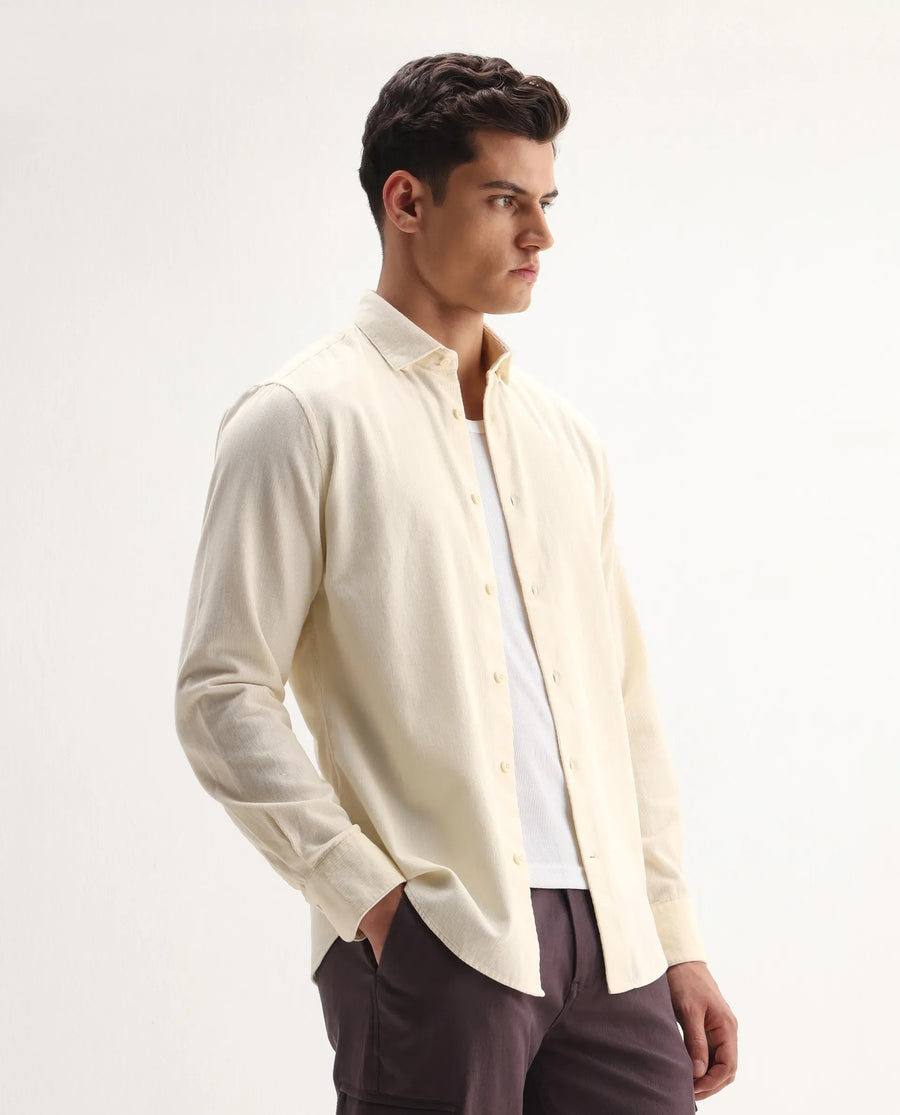 Rare Rabbit Men's Buita Off White Cotton Plain Regular Fit Full Sleeve Collared Shirt