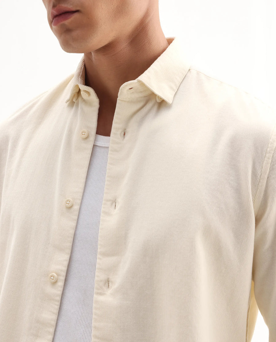 Rare Rabbit Men's Buita Off White Cotton Plain Regular Fit Full Sleeve Collared Shirt