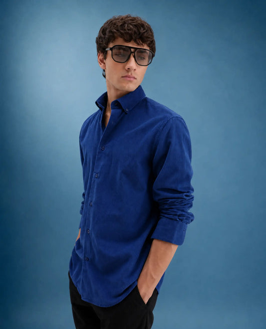 Rare Rabbit Men's Buita-On Blue Cotton Fabric Button-Down Collar Regular Fit Plain Shirt