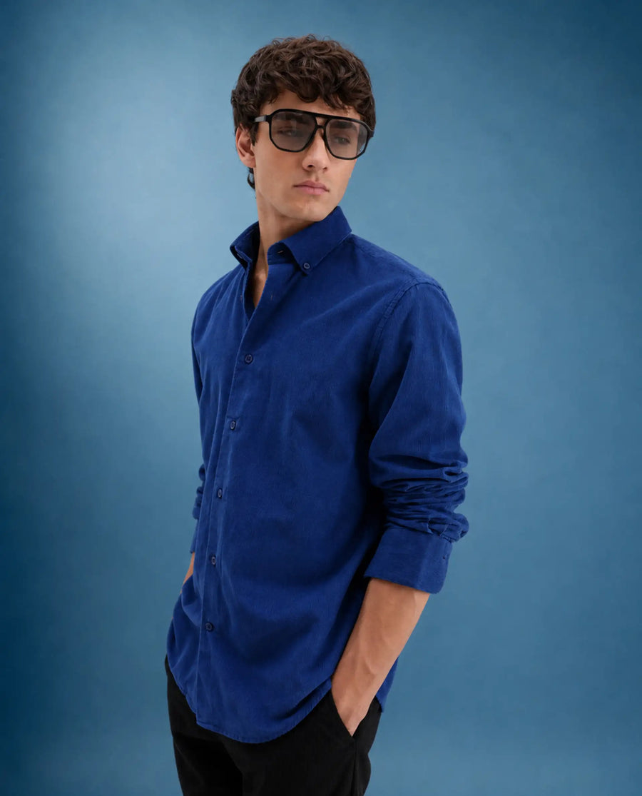 Rare Rabbit Men's Buita-On Blue Cotton Fabric Button-Down Collar Regular Fit Plain Shirt