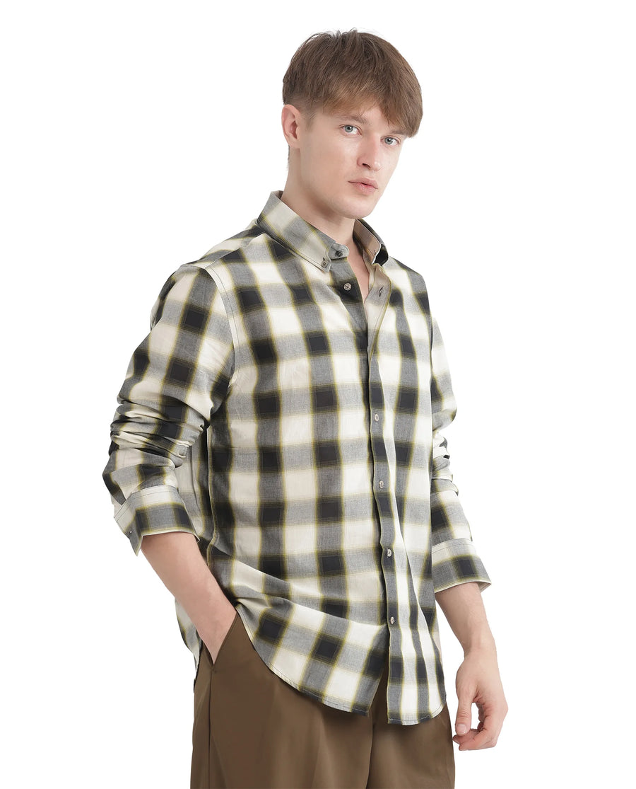 Rare Rabbit Men's Bung Green Cotton Checked Print Oversized Fit Full Sleeve Collared Shirt