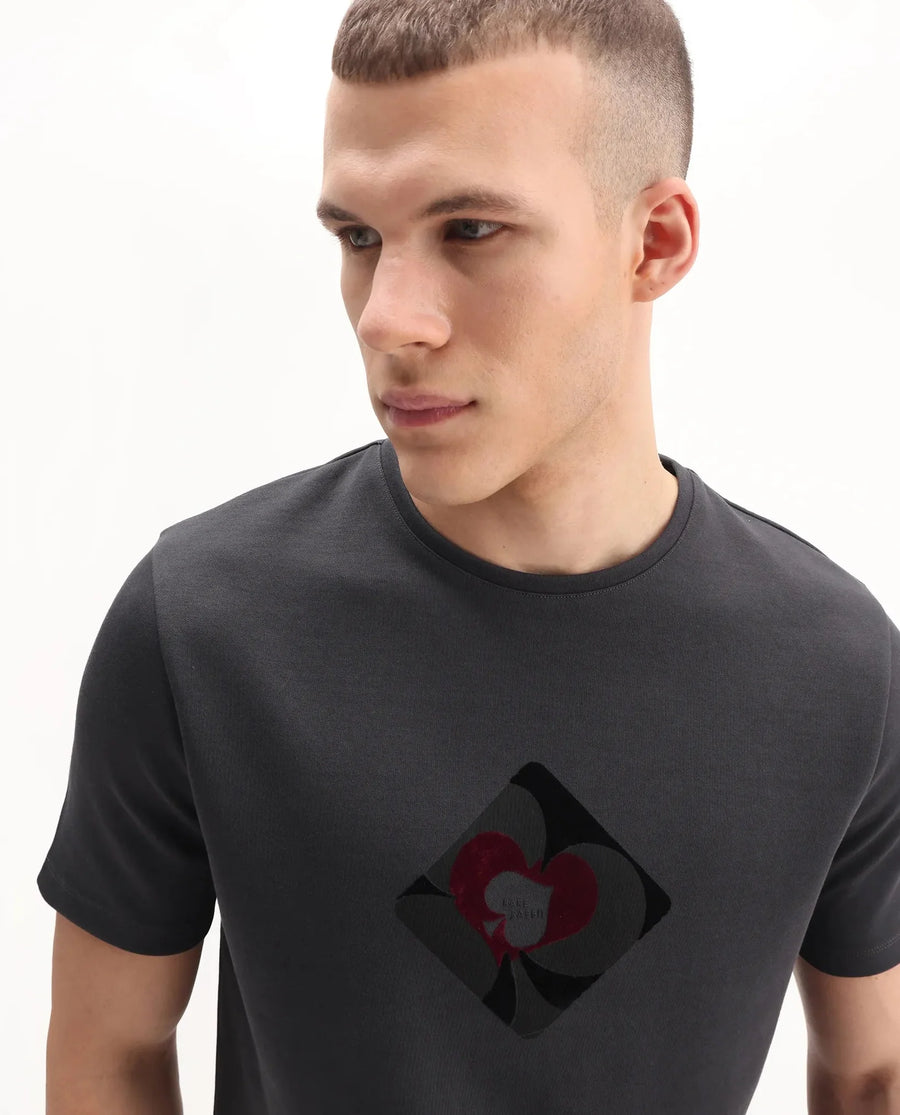 Rare Rabbit Men's Burg Dark Grey Cotton Blend Graphic Print Regular Fit Half Sleeve Crew Neck T-Shirt