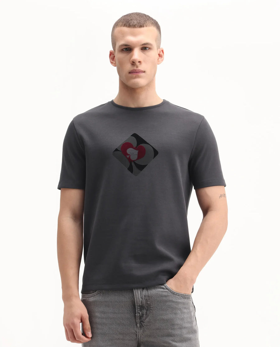 Rare Rabbit Men's Burg Dark Grey Cotton Blend Graphic Print Regular Fit Half Sleeve Crew Neck T-Shirt