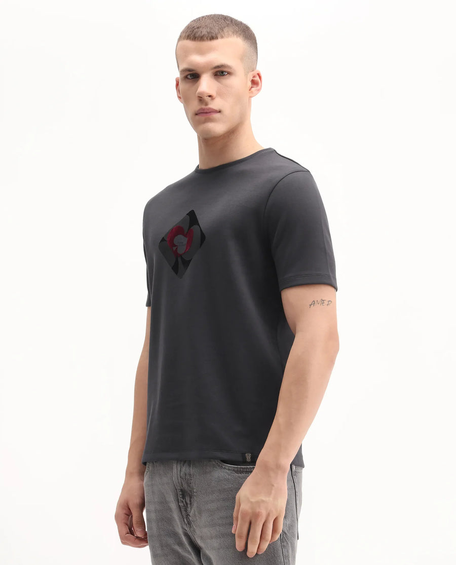Rare Rabbit Men's Burg Dark Grey Cotton Blend Graphic Print Regular Fit Half Sleeve Crew Neck T-Shirt