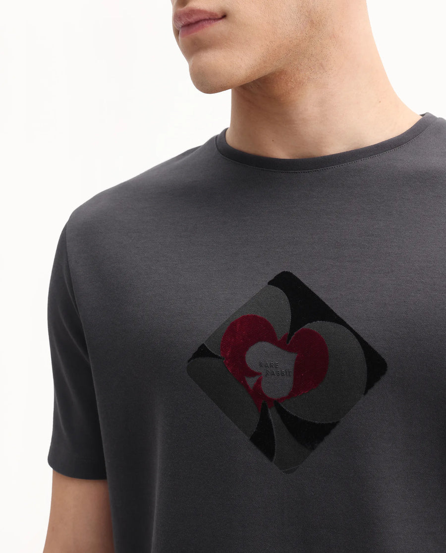Rare Rabbit Men's Burg Dark Grey Cotton Blend Graphic Print Regular Fit Half Sleeve Crew Neck T-Shirt