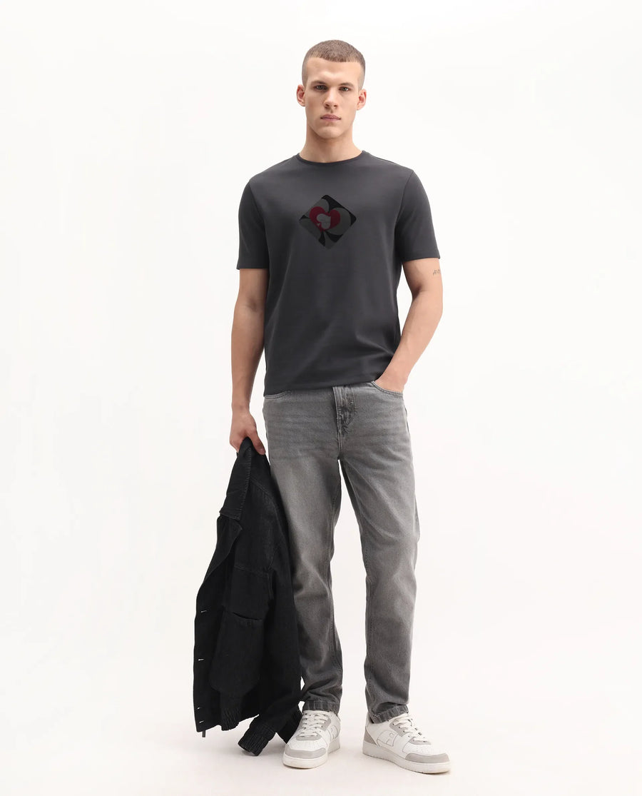 Rare Rabbit Men's Burg Dark Grey Cotton Blend Graphic Print Regular Fit Half Sleeve Crew Neck T-Shirt