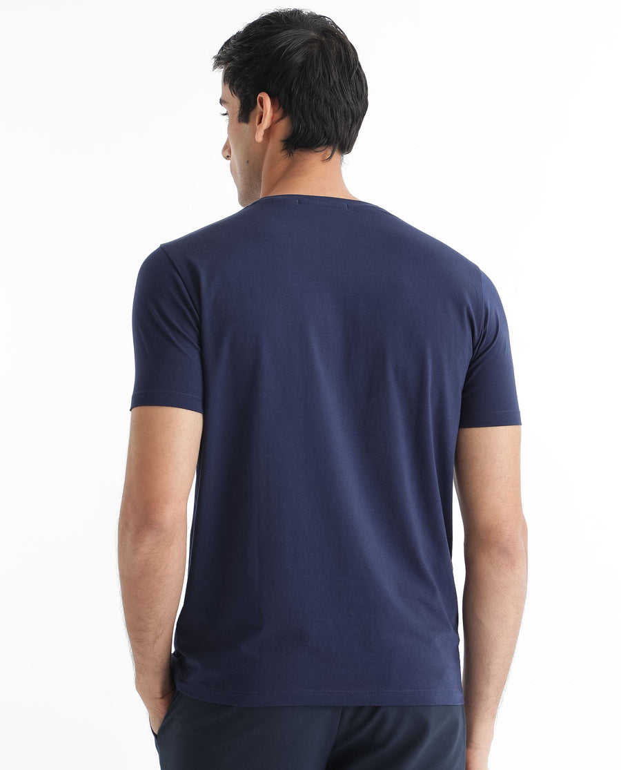 Rare Rabbit Men's Burke Dark Blue Cotton Graphic Print Slim Fit Half Sleeve Crew Neck T-Shirt
