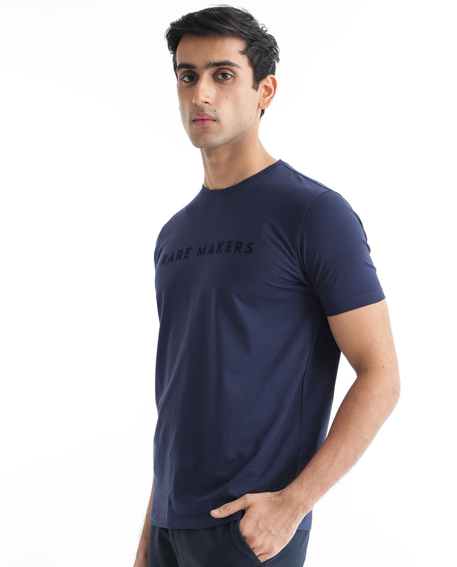 Rare Rabbit Men's Burke Dark Blue Cotton Graphic Print Slim Fit Half Sleeve Crew Neck T-Shirt