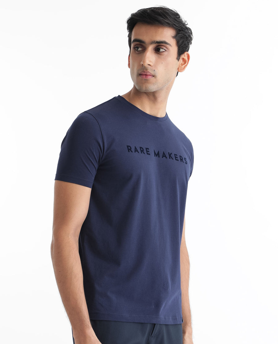 Rare Rabbit Men's Burke Dark Blue Cotton Graphic Print Slim Fit Half Sleeve Crew Neck T-Shirt