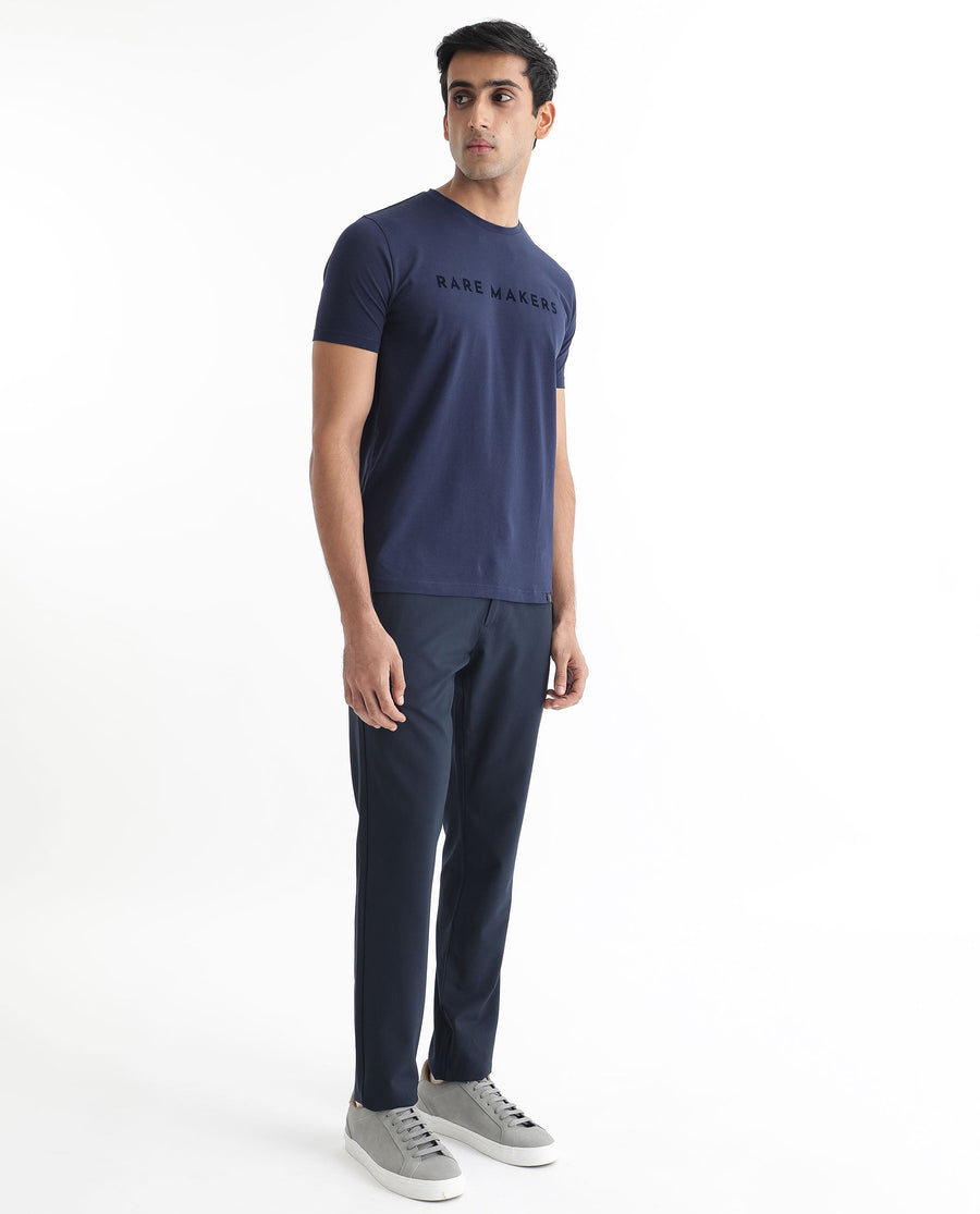 Rare Rabbit Men's Burke Dark Blue Cotton Graphic Print Slim Fit Half Sleeve Crew Neck T-Shirt