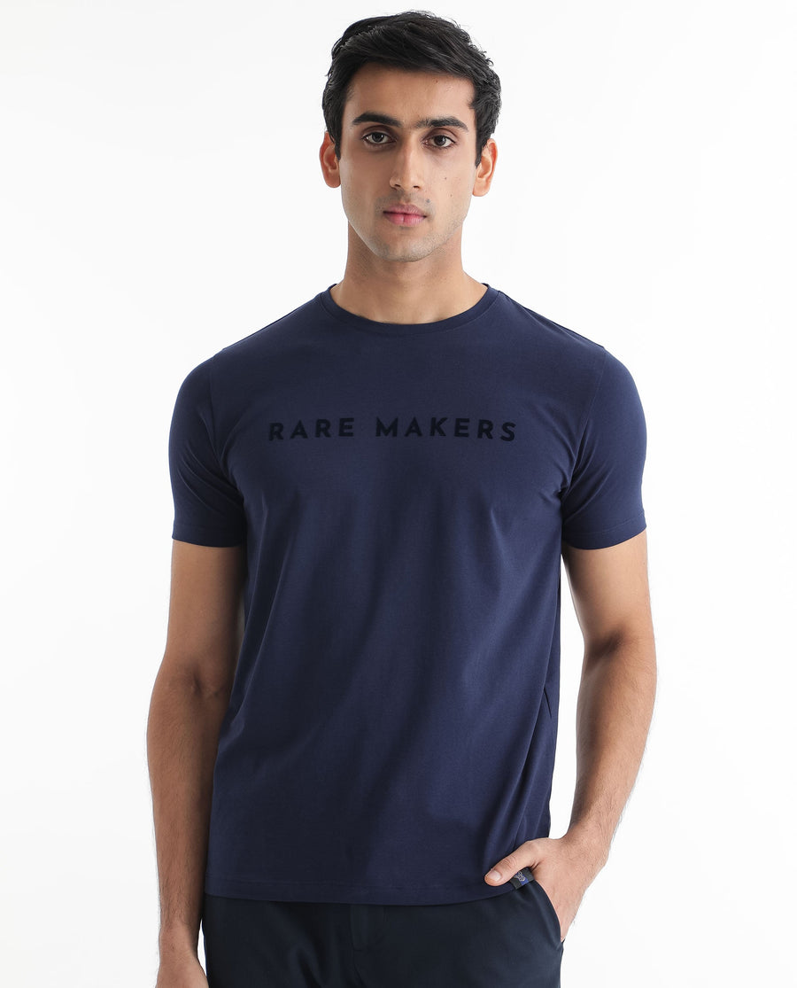 Rare Rabbit Men's Burke Dark Blue Cotton Graphic Print Slim Fit Half Sleeve Crew Neck T-Shirt