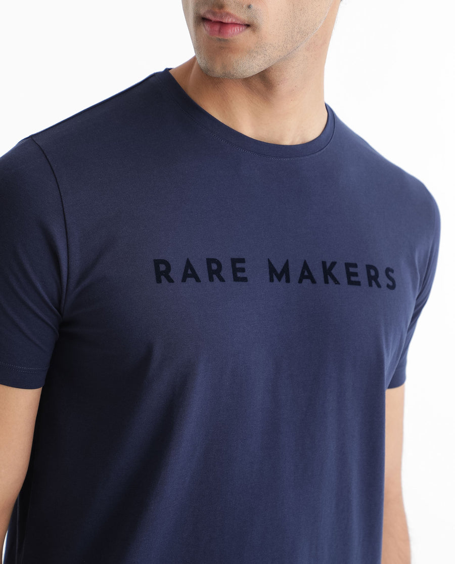Rare Rabbit Men's Burke Dark Blue Cotton Graphic Print Slim Fit Half Sleeve Crew Neck T-Shirt