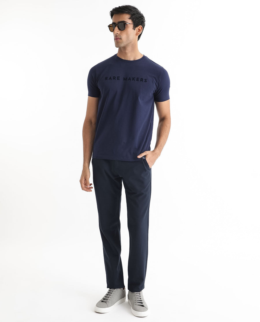Rare Rabbit Men's Burke Dark Blue Cotton Graphic Print Slim Fit Half Sleeve Crew Neck T-Shirt