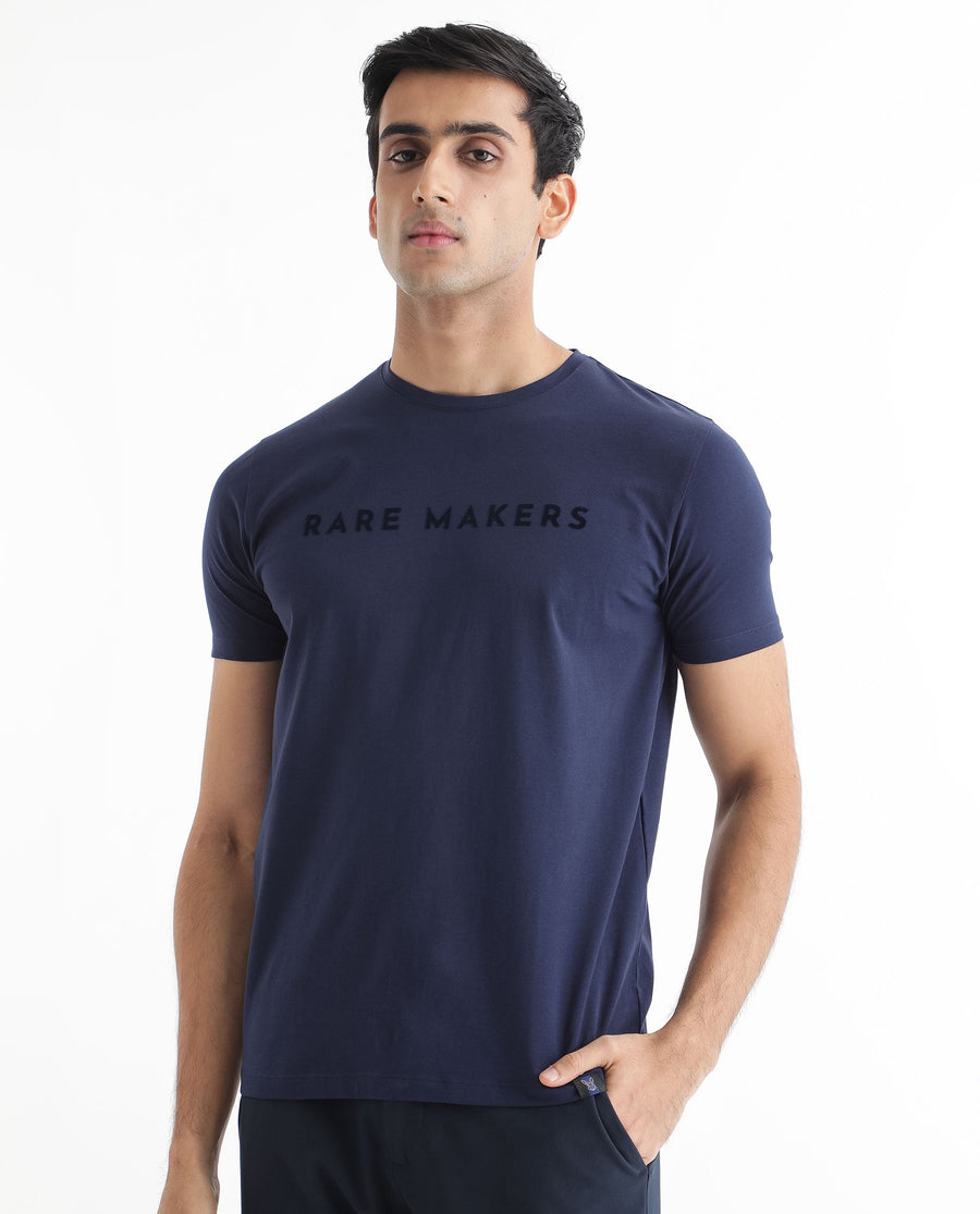 Rare Rabbit Men's Burke Dark Blue Cotton Graphic Print Slim Fit Half Sleeve Crew Neck T-Shirt