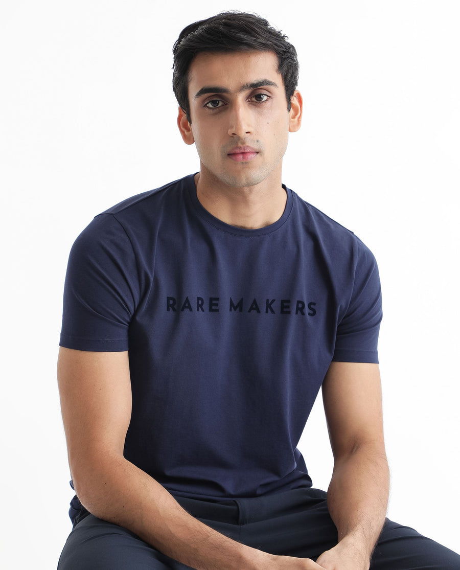 Rare Rabbit Men's Burke Dark Blue Cotton Graphic Print Slim Fit Half Sleeve Crew Neck T-Shirt