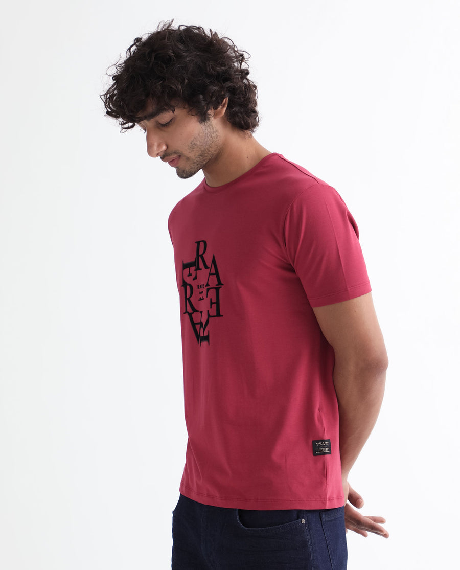 Rare Rabbit Men's Burma Red Cotton Graphic Print Regular Fit Half Sleeve Crew Neck T-Shirt