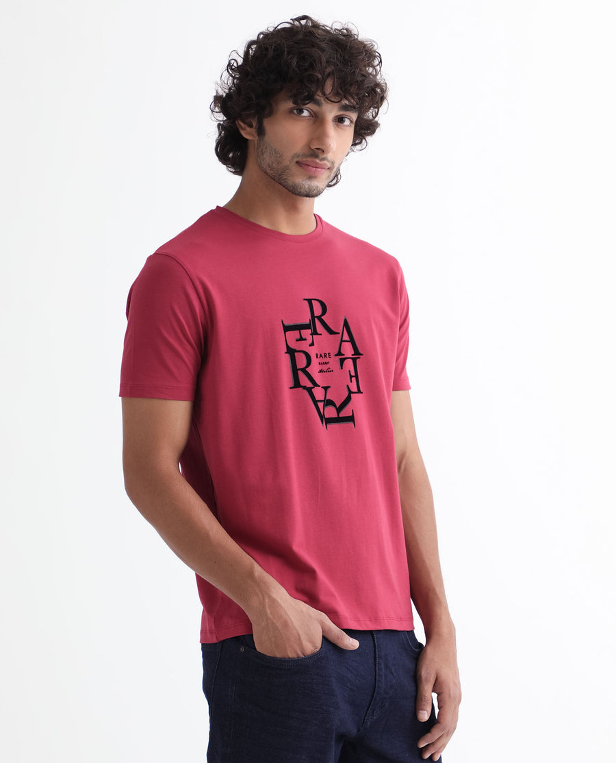 Rare Rabbit Men's Burma Red Cotton Graphic Print Regular Fit Half Sleeve Crew Neck T-Shirt