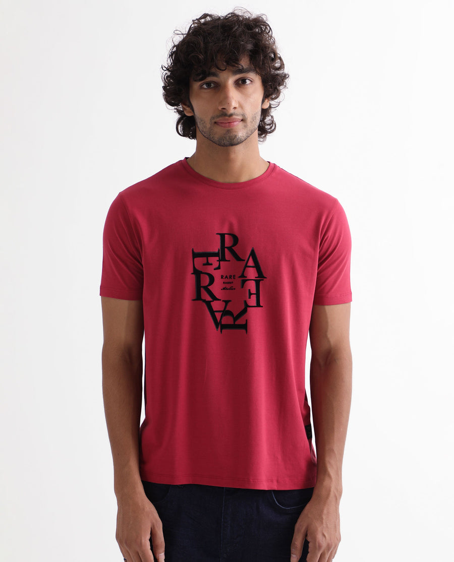 Rare Rabbit Men's Burma Red Cotton Graphic Print Regular Fit Half Sleeve Crew Neck T-Shirt