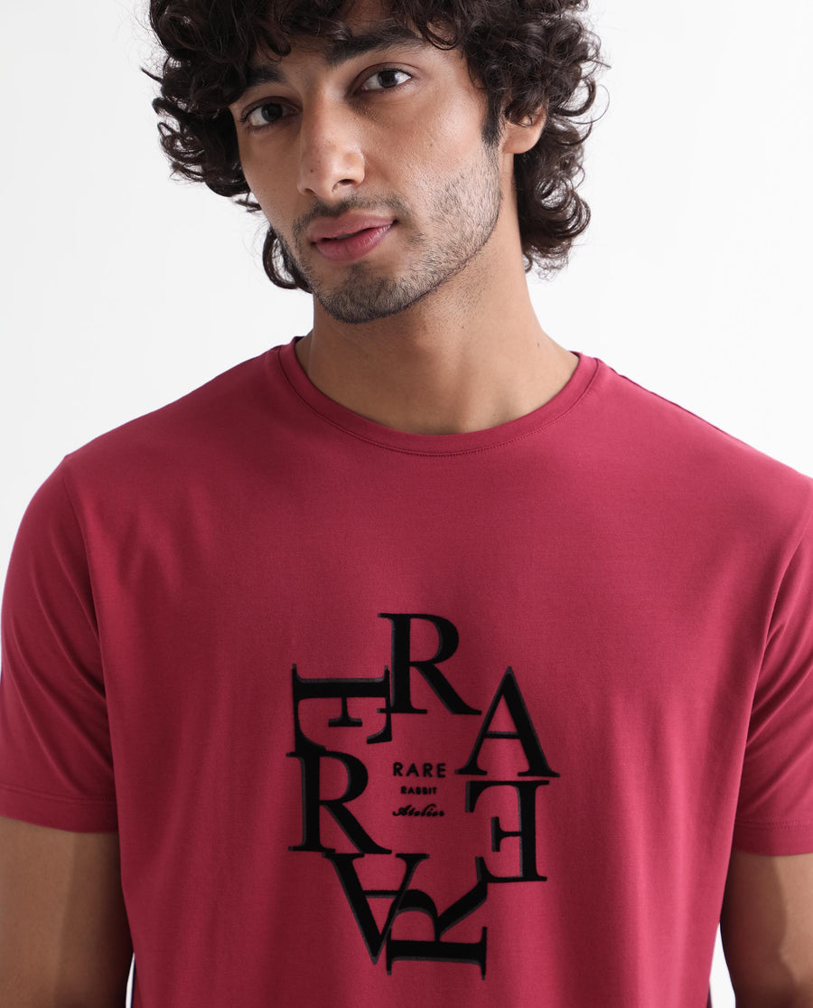 Rare Rabbit Men's Burma Red Cotton Graphic Print Regular Fit Half Sleeve Crew Neck T-Shirt
