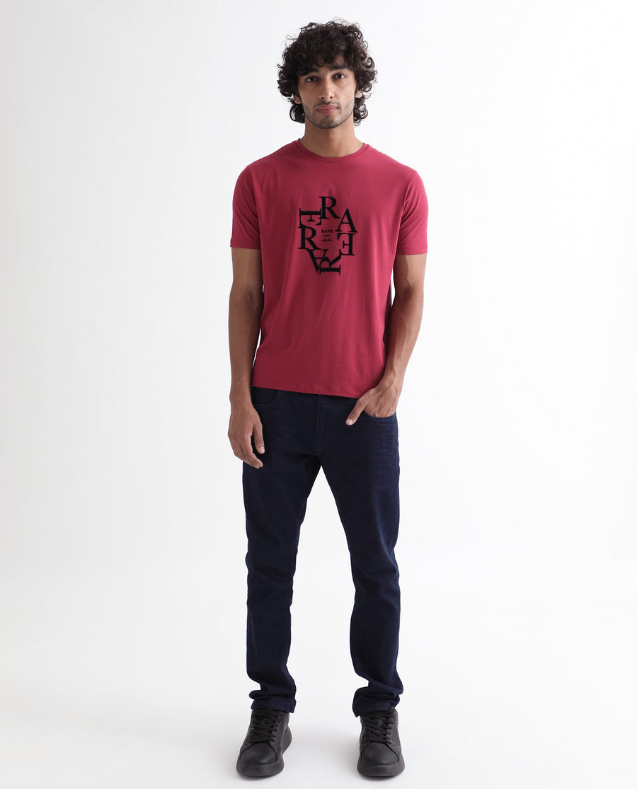 Rare Rabbit Men's Burma Red Cotton Graphic Print Regular Fit Half Sleeve Crew Neck T-Shirt