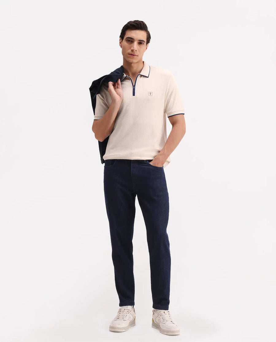 Rare Rabbit Men's Burrow Off White Cotton Plain Regular Fit Half Sleeve Polo