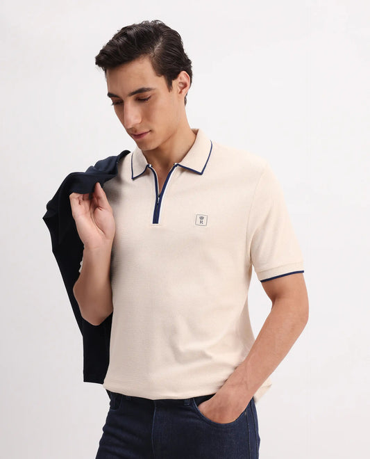 Rare Rabbit Men's Burrow Off White Cotton Plain Regular Fit Half Sleeve Polo