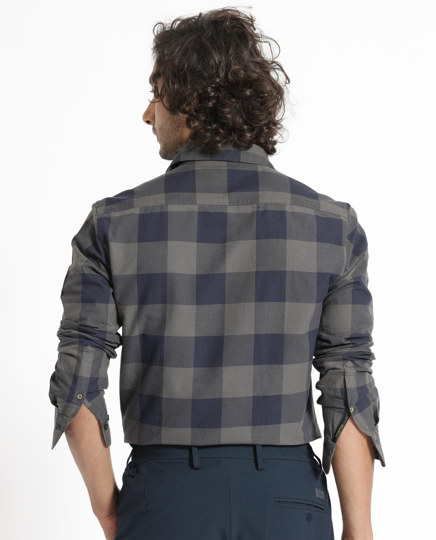 Rare Rabbit Men's Byre Dark Blue Cotton Checked Print Regular Fit Full Sleeve Collared Shirt