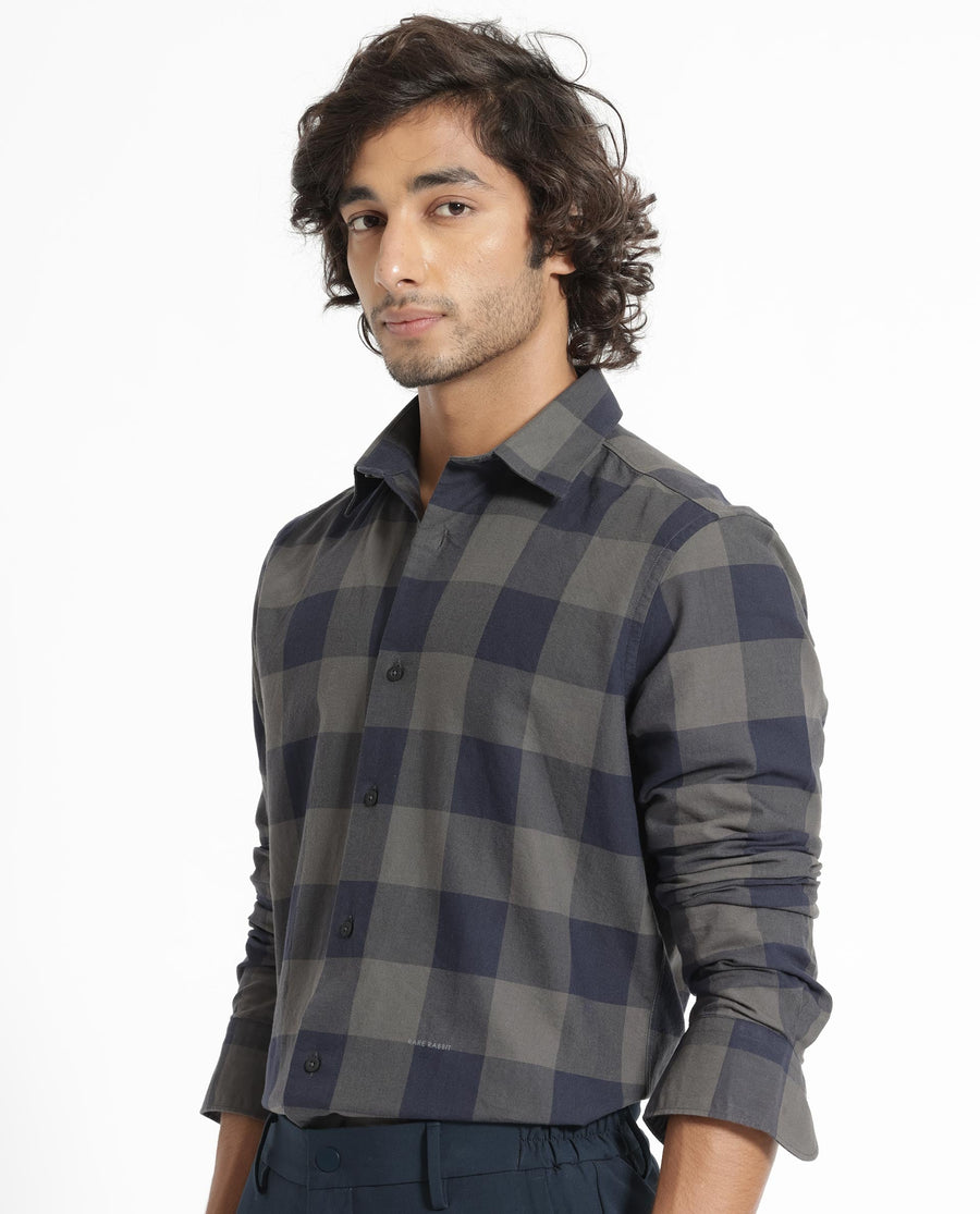 Rare Rabbit Men's Byre Dark Blue Cotton Checked Print Regular Fit Full Sleeve Collared Shirt