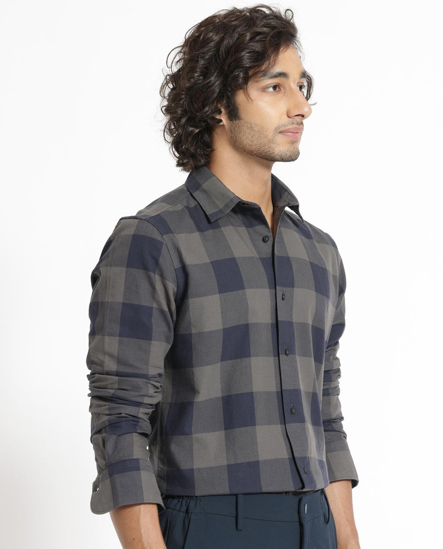 Rare Rabbit Men's Byre Dark Blue Cotton Checked Print Regular Fit Full Sleeve Collared Shirt