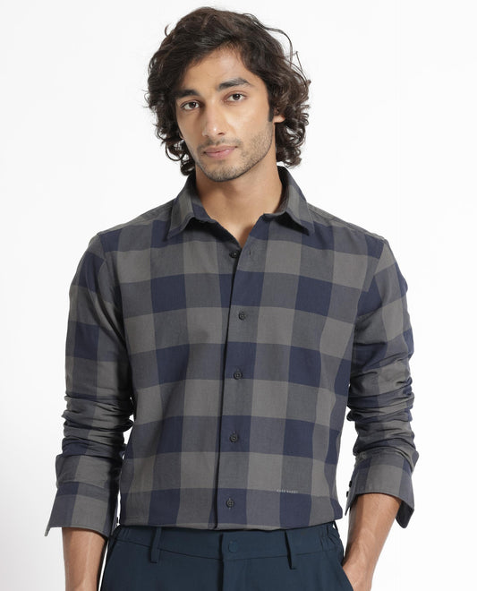 Rare Rabbit Men's Byre Dark Blue Cotton Checked Print Regular Fit Full Sleeve Collared Shirt