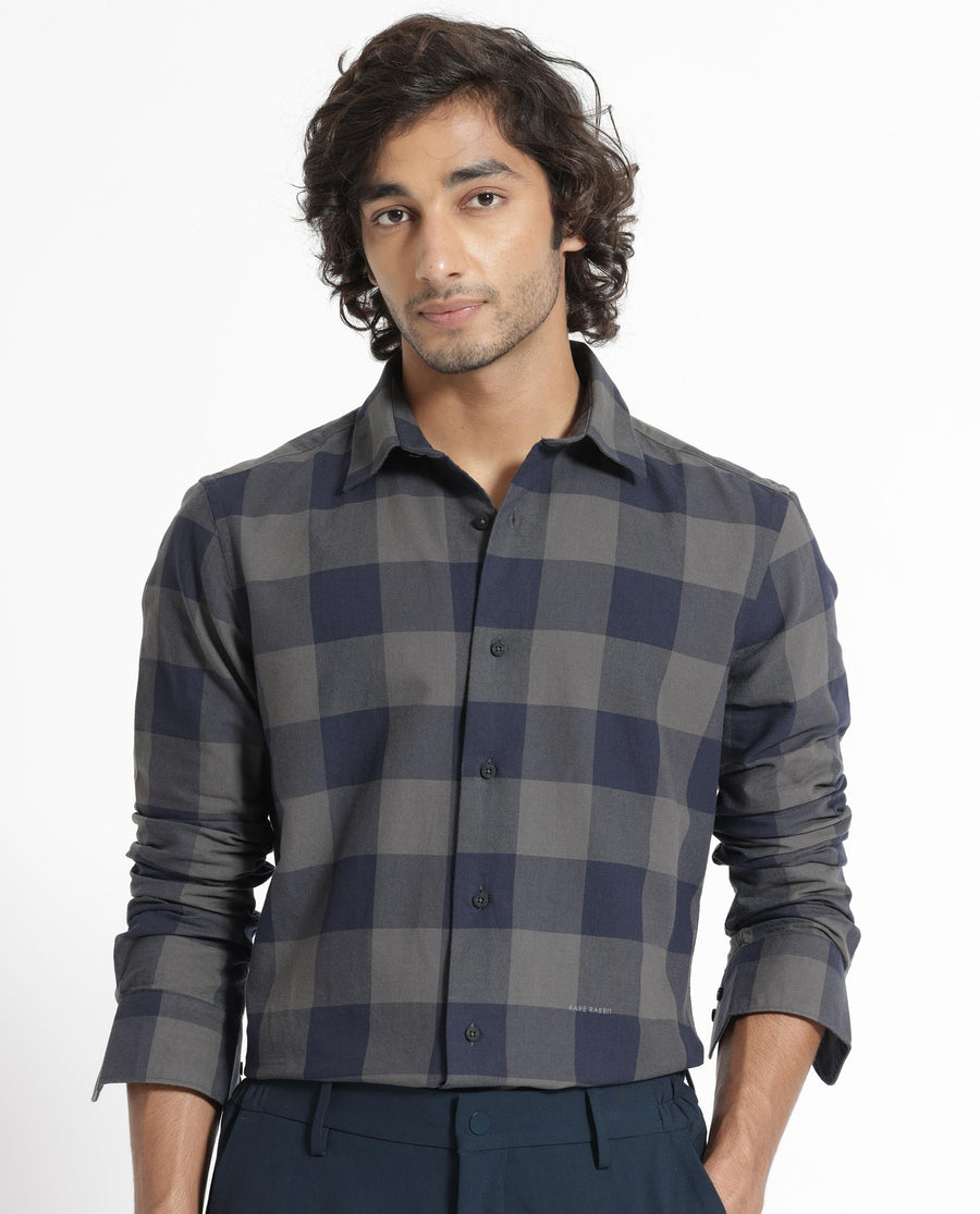 Rare Rabbit Men's Byre Dark Blue Cotton Checked Print Regular Fit Full Sleeve Collared Shirt