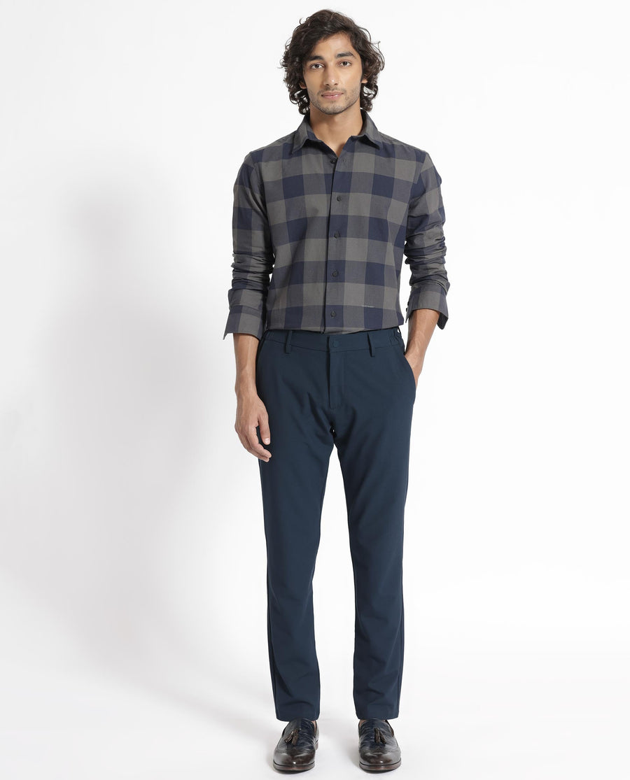 Rare Rabbit Men's Byre Dark Blue Cotton Checked Print Regular Fit Full Sleeve Collared Shirt