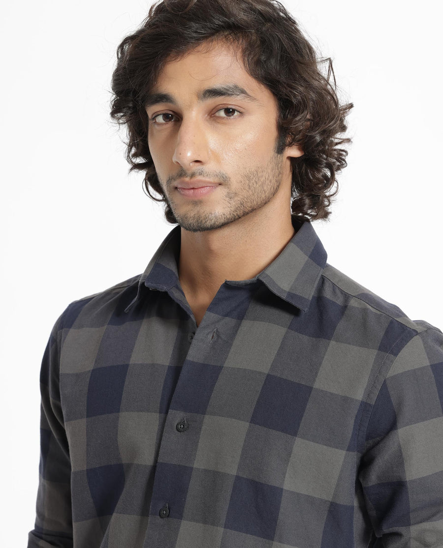 Rare Rabbit Men's Byre Dark Blue Cotton Checked Print Regular Fit Full Sleeve Collared Shirt