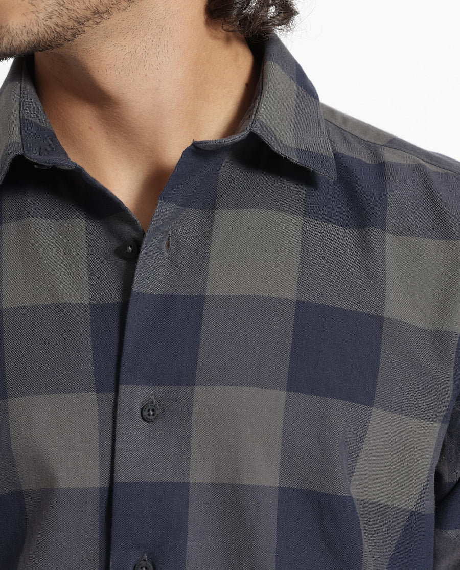 Rare Rabbit Men's Byre Dark Blue Cotton Checked Print Regular Fit Full Sleeve Collared Shirt