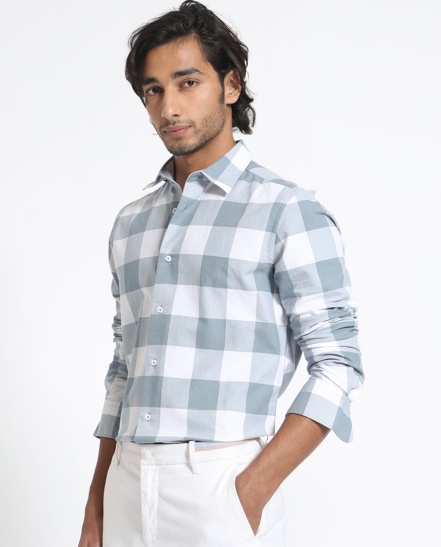 Rare Rabbit Men's Byre Dusky Blue Cotton Checked Print Regular Fit Full Sleeve Collared Shirt