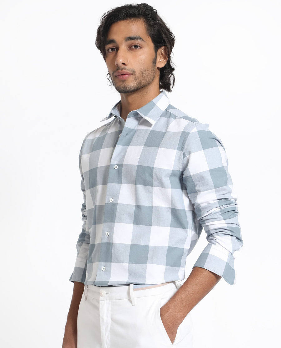 Rare Rabbit Men's Byre Dusky Blue Cotton Checked Print Regular Fit Full Sleeve Collared Shirt