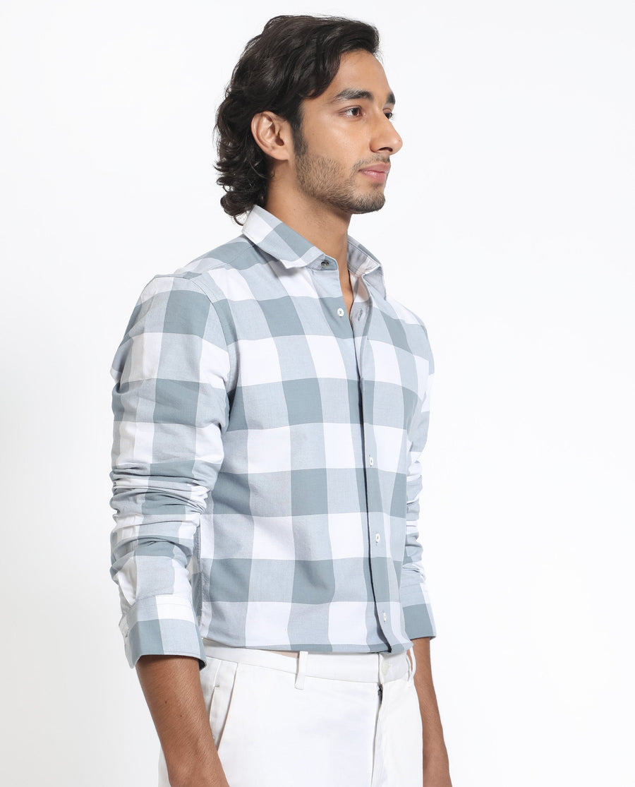 Rare Rabbit Men's Byre Dusky Blue Cotton Checked Print Regular Fit Full Sleeve Collared Shirt