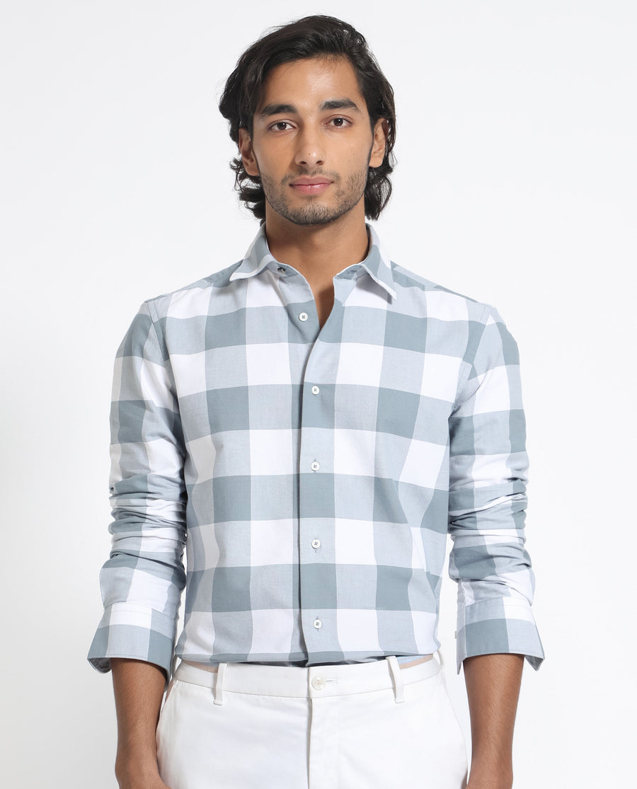 Rare Rabbit Men's Byre Dusky Blue Cotton Checked Print Regular Fit Full Sleeve Collared Shirt