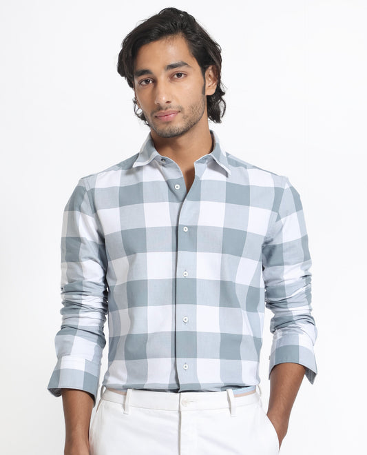 Rare Rabbit Men's Byre Dusky Blue Cotton Checked Print Regular Fit Full Sleeve Collared Shirt