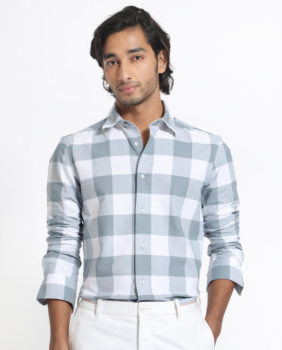 Rare Rabbit Men's Byre Dusky Blue Cotton Checked Print Regular Fit Full Sleeve Collared Shirt