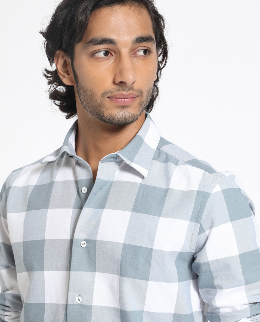 Rare Rabbit Men's Byre Dusky Blue Cotton Checked Print Regular Fit Full Sleeve Collared Shirt