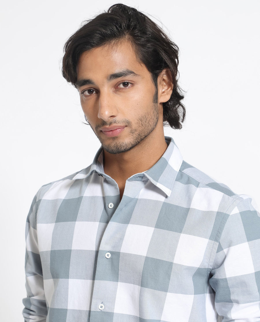 Rare Rabbit Men's Byre Dusky Blue Cotton Checked Print Regular Fit Full Sleeve Collared Shirt