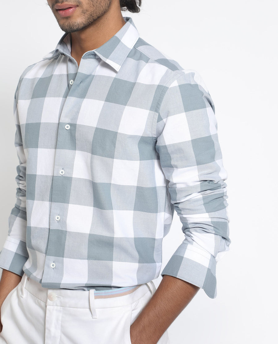 Rare Rabbit Men's Byre Dusky Blue Cotton Checked Print Regular Fit Full Sleeve Collared Shirt