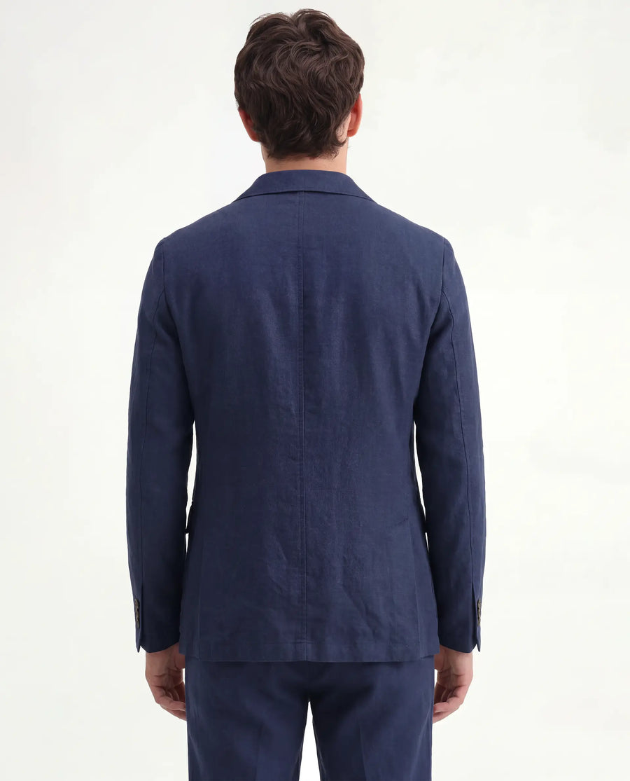 Rare Rabbit Men's Linol Navy Linen Blend Fabric Lapel Neck Tailored Fit Plain Blazer