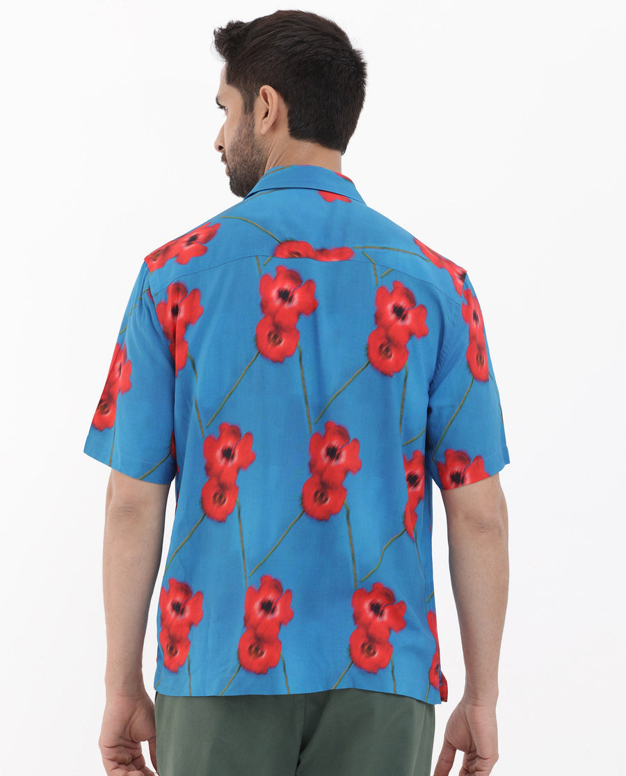 Rare Rabbit Men's Bloomer Flouroscent Blue Viscose Floral Print Boxy Fit Half Sleeve Collared Shirt