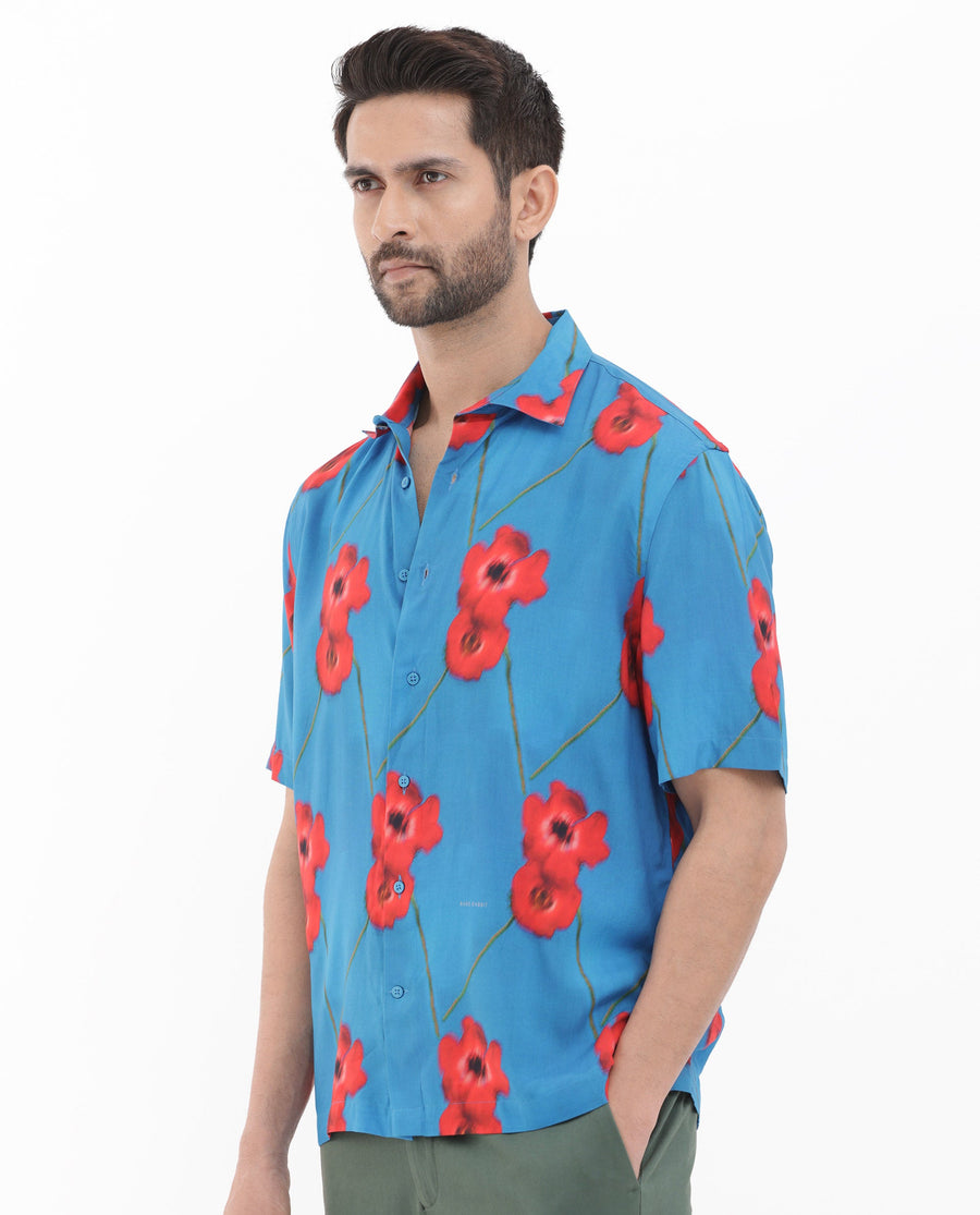 Rare Rabbit Men's Bloomer Flouroscent Blue Viscose Floral Print Boxy Fit Half Sleeve Collared Shirt