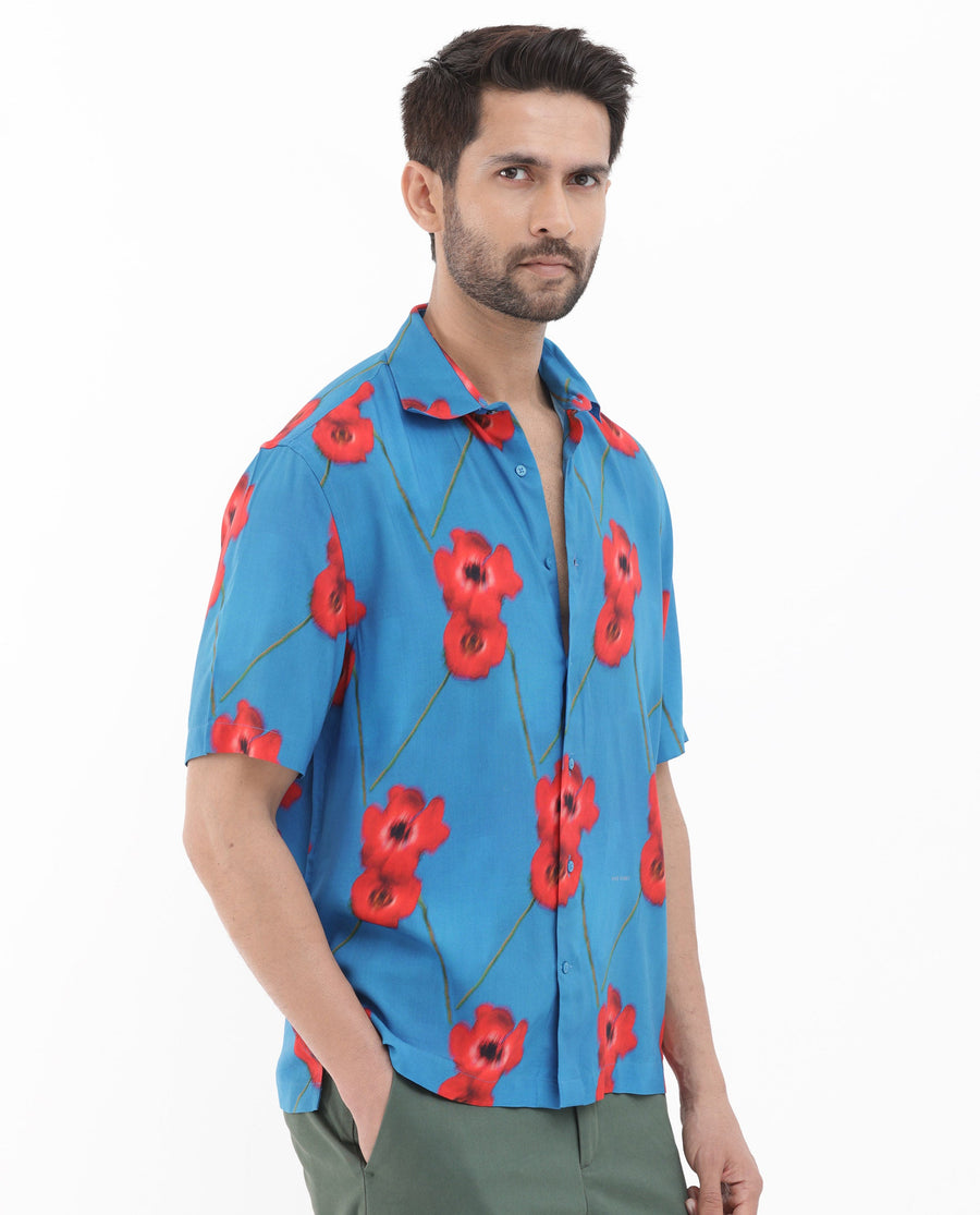 Rare Rabbit Men's Bloomer Flouroscent Blue Viscose Floral Print Boxy Fit Half Sleeve Collared Shirt